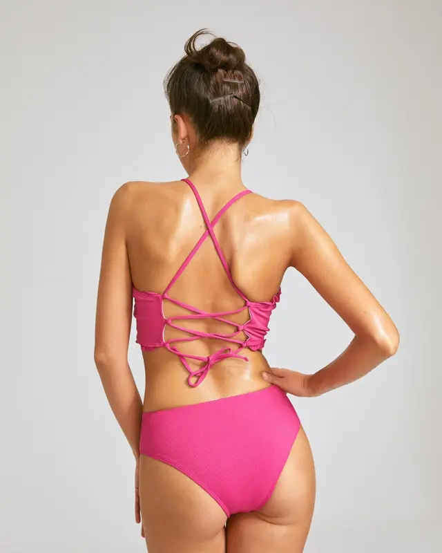 Tie Strap Halterneck Frill Trim Sling Bikini Set