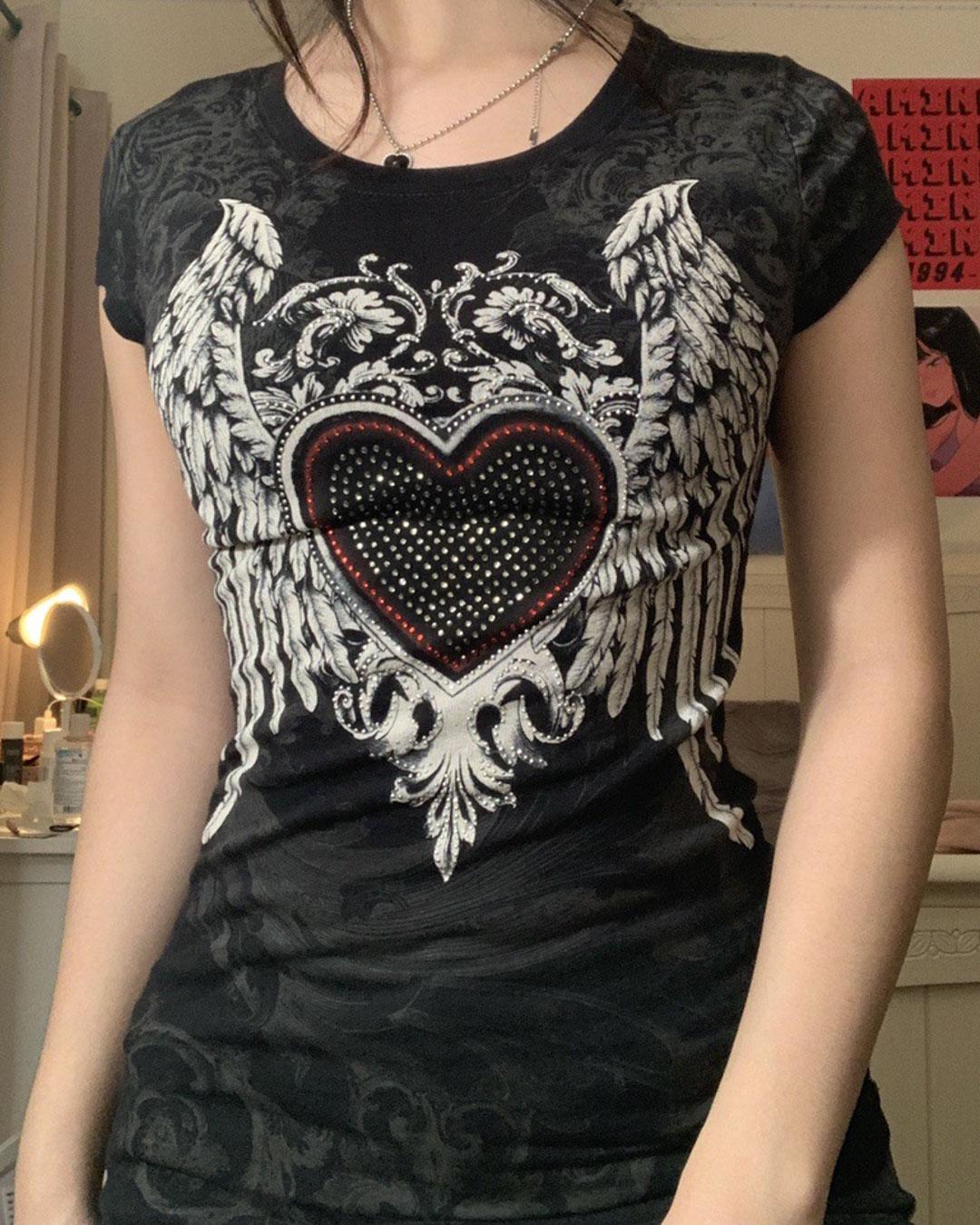 Retro Print Heart Hotfix Rhinestone T-shirt
